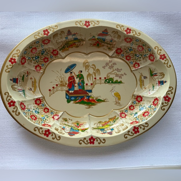 Vintage~Daher Asian Decorated Tin Bowl Serving Platter~Crane~Pagoda Chinoiserie - Picture 1 of 15